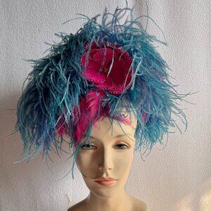 Vintage Turquoise Pink Ostrich Feather Hat Burlesque Pin Up